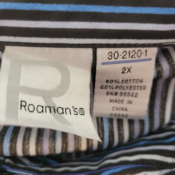 Roamans Womens Top 2X Plus Long Sleeve Collar Blue Stripe Button Up STR120E - Picture 8 of 9